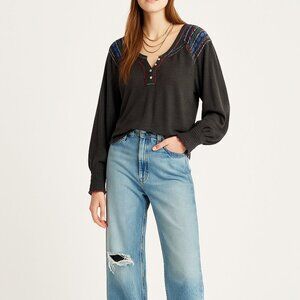 Free People Embroidered Henley Blouse Boho Folk Cottagecore Festival Top Size M
